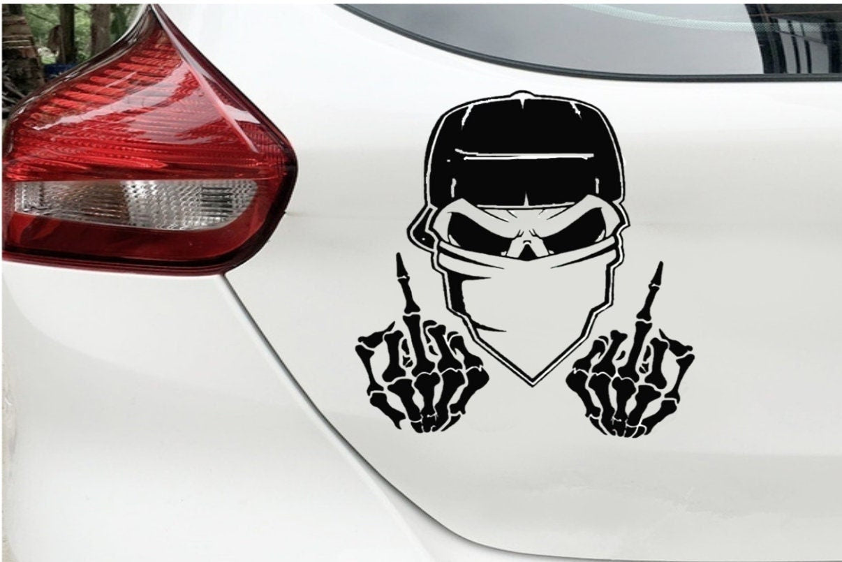 Skull with Middle Fingers Auto Accent Decal, Skulls Car Vinyl, Skull middle finger Car Decal ,Hot Car Decal, Skeleton Decal Skull Bandit