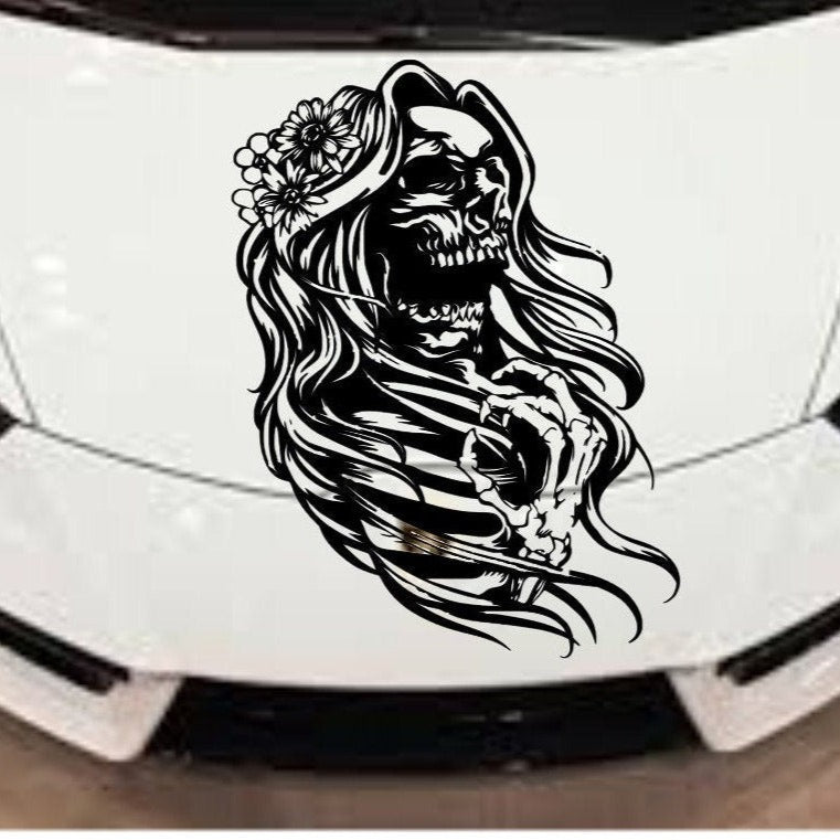 Female Skull Auto Accent Decal, Skull Car Vinyl, Girl Skull Car Decal , Skull Hood Decal, Skull Hood Sticker, Female Skull Flowers,
