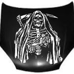Grim Reaper vinyl car/wall decal, white, 21×17, die‑cut with no background on rear window