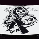 Black matte Grim Reaper decal, 32×25, applied to smooth car hood, high‑contrast