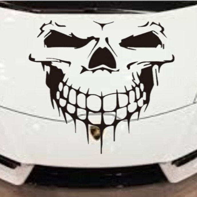 “Black matte skull square wall/car decal, 29×29, high‑contrast silhouette on smooth painted wall/car”