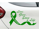 “Green ribbon Organ Donor car decal on light tailgate, 11‑inch width, high‑contrast design”