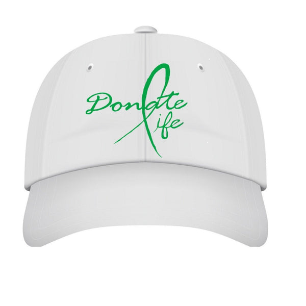 Organ Donation baseball cap, white cap with green HTV vinyl text, adjustable back
