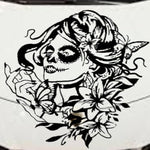 Black matte female sugar skull wall decal, 29×29, high‑contrast silhouette on smooth painted wall