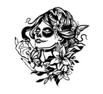 Black matte female sugar skull wall decal, 29×29, high‑contrast silhouette 