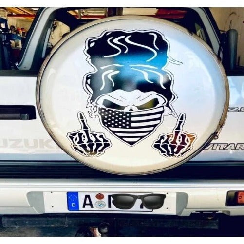 “Skull Girl American flag bandit vinyl car decal, white, 23×20.5 in, die‑cut with no background”