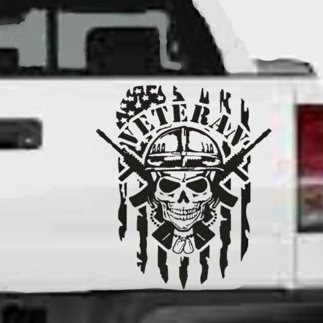 “Veteran skull military vinyl car window decal, white, 9‑inch width, die‑cut with no background on tinted rear glass”