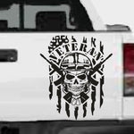 “Veteran skull military vinyl car window decal, white, 9‑inch width, die‑cut with no background on tinted rear glass”
