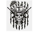 “Veteran skull military vinyl car window decal, white, 9‑inch width, die‑cut with no background on tinted rear glass”