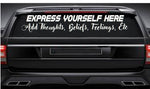 Custom text vinyl decal on rear car window, white, 16×32, die‑cut with no background