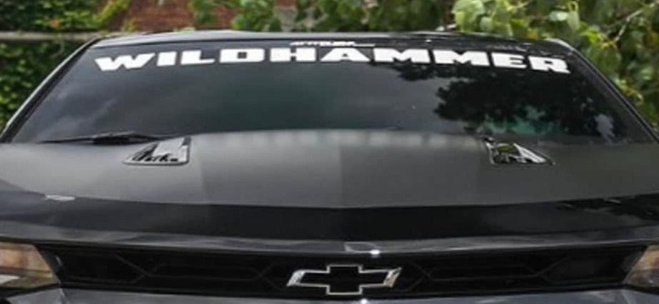 “Custom windshield banner decal with YOUR TEXT in white vinyl, approx. 55×6 in, die‑cut with no background on tinted glass”
