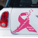 Pink ribbon breast cancer awareness vinyl car decal on rear window, 10‑inch height