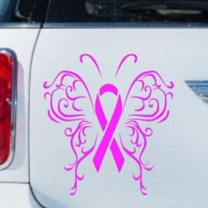 Pink ribbon breast cancer awareness vinyl car decal on trunk, 8‑inch width