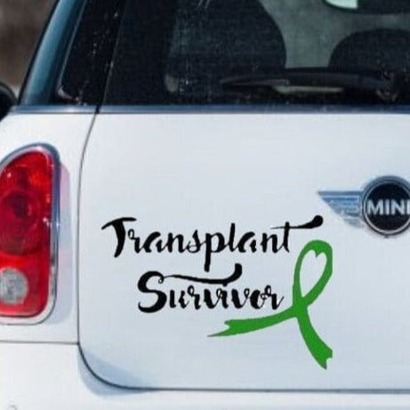 “Transplant Survivor" vinyl car window decal, black, 9‑inch width, die‑cut with no background on car