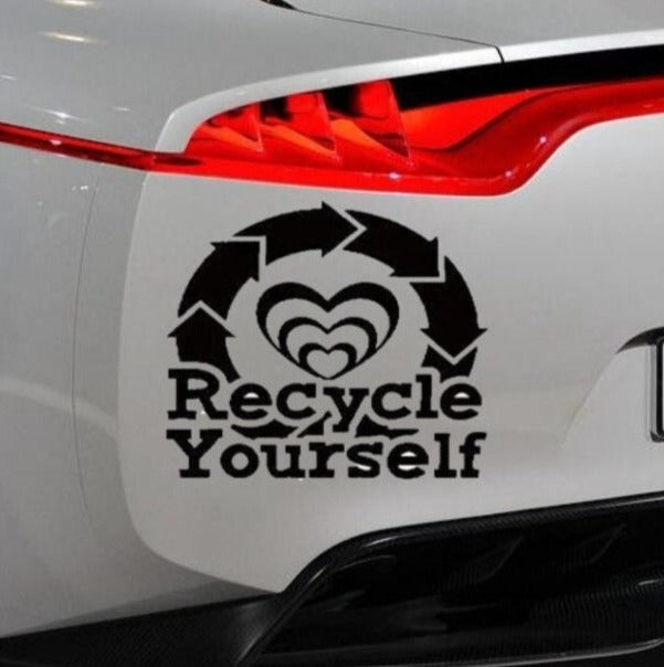 “Recycle Yourself" organ donation vinyl car window decal, white, 9‑inch width, die‑cut with no background on tinted rear glass