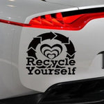 “Recycle Yourself" organ donation vinyl car window decal, white, 9‑inch width, die‑cut with no background on tinted rear glass