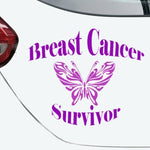 “Pink butterfly breast cancer awareness vinyl car decal on rear window, 8‑inch width”