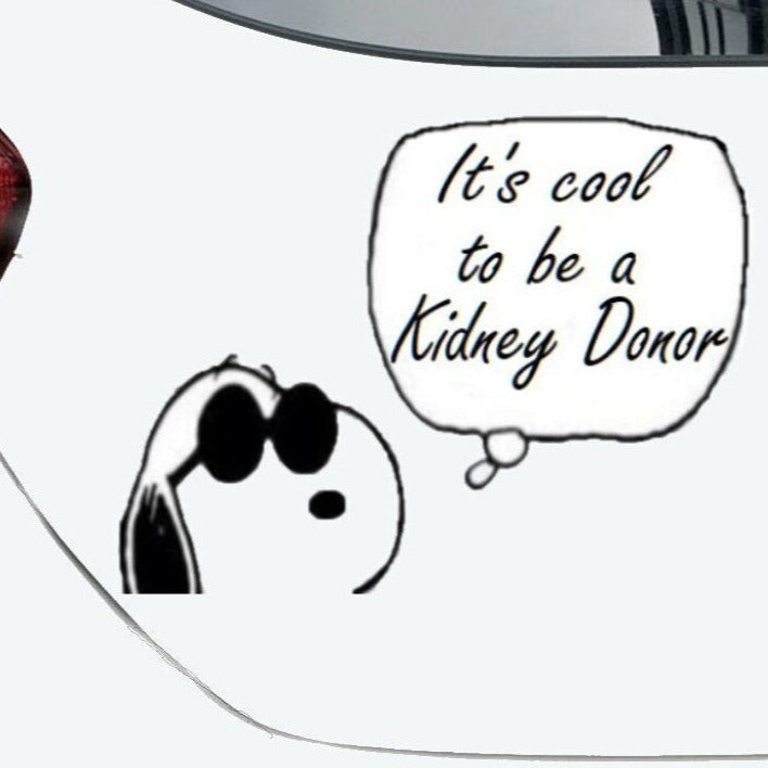 “It’s Cool To Be a Kidney Donor" vinyl car window decal, black, 9‑inch width, die‑cut with no background”