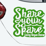 “Share Your Spare organ donor vinyl car window decal, white, 9‑inch width, die‑cut with no background on tinted rear glass”