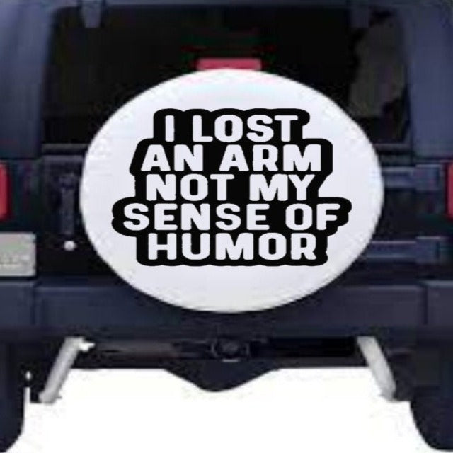 “I Lost an Arm vinyl car window decal, white, 10‑inch width, die‑cut with no background”