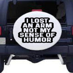 “I Lost an Arm vinyl car window decal, white, 10‑inch width, die‑cut with no background”