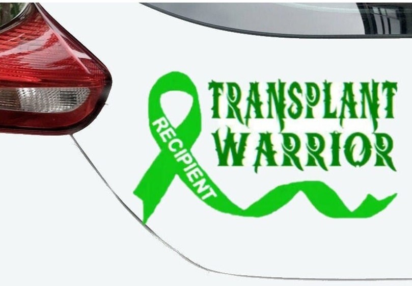 “Transplant Warrior" vinyl car window decal, green, 9‑inch width, die‑cut with no background 