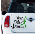 “Kidney Disease Awareness" vinyl car decal, black text with green ribbon, 9‑inch width, die‑cut with no background”