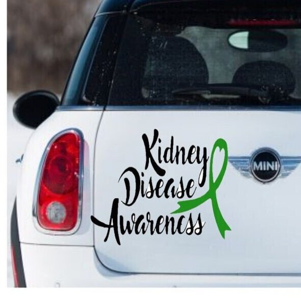 “Kidney Disease Awareness" vinyl car decal, black text with green ribbon, 9‑inch width, die‑cut with no background”