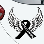 Feather ribbon cancer awareness vinyl decal, white, 10‑inch width on rear window”