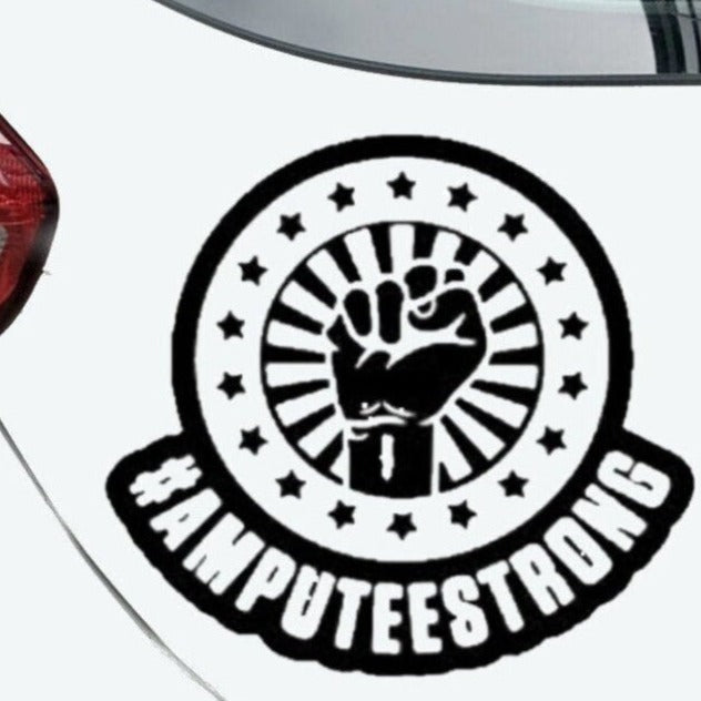“Amputee Strong vinyl car decal, white, 10‑inch width on rear window”