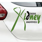  “Kidney Disease Awarenes" vinyl car decal, green/black text with green ribbon, 9‑inch width, die‑cut with no background”