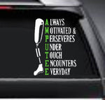 Amputation awareness vinyl decal, white and green two‑tone, on rear window”