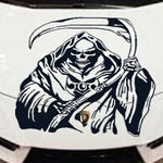 “Grim Reaper vinyl car/wall decal, black, 17×14, die‑cut with no background on car hood