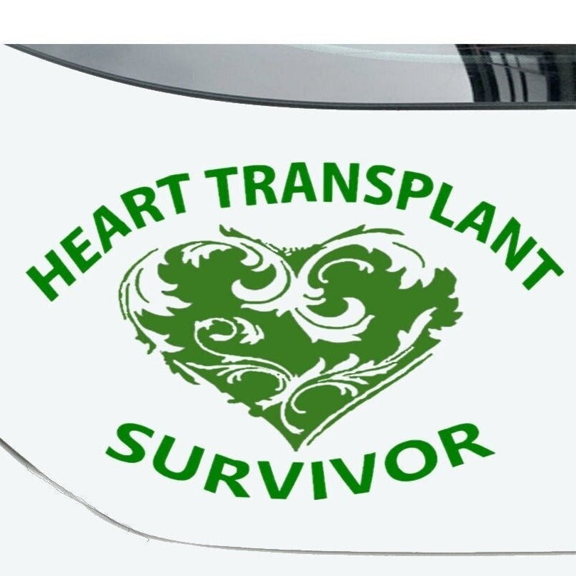 “Heart Transplant Survivor vinyl car window decal, white, 10‑inch width”