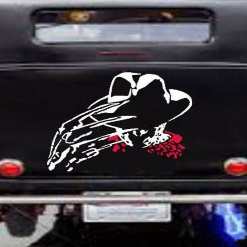 Black matte Freddy‑inspired horror decal on rear of car 29×29, high‑contrast silhouette