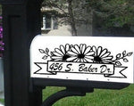 Mailbox decal with daisies flanking a banner, custom family name, black vinyl on black mailbox, approx. 12×6in”