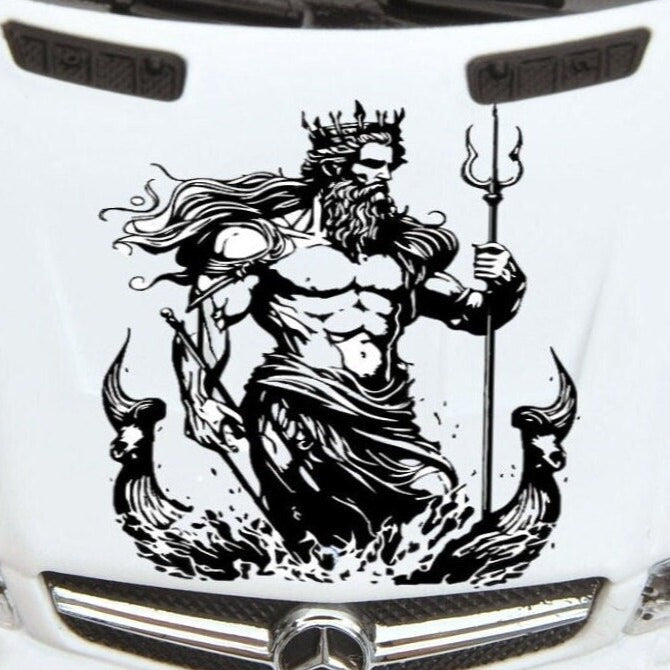 Poseidon/Neptune vinyl car/wall decal, white, 24×24, die‑cut with no background on rear window