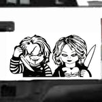 Chucky & Bride–inspired horror couple vinyl decal, white, 24×38 on rear window