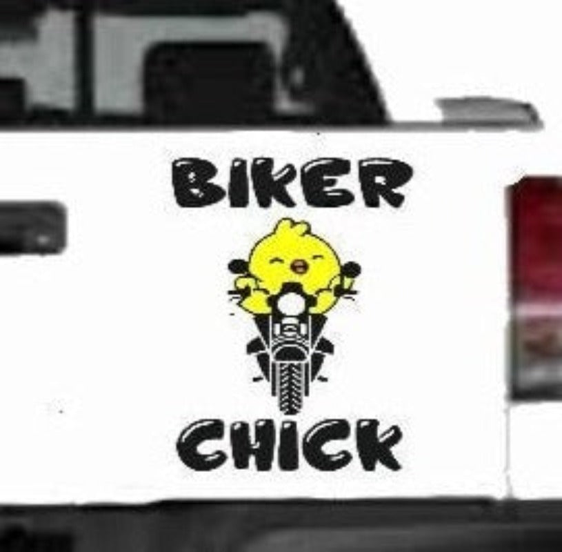 Biker Chick vinyl car decal with yellow chick and orange beak, white text, 10×7.4 on tailgate