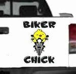 Biker Chick vinyl car decal with yellow chick and orange beak, white text, 10×7.4 on tailgate