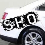 “SHO" accent stripe vinyl car decal, BLACK, applied along quarter panel, die‑cut with no background