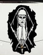 Black matte Nun‑inspired wall/hood decal, large size, high‑contrast silhouette on smooth painted surface