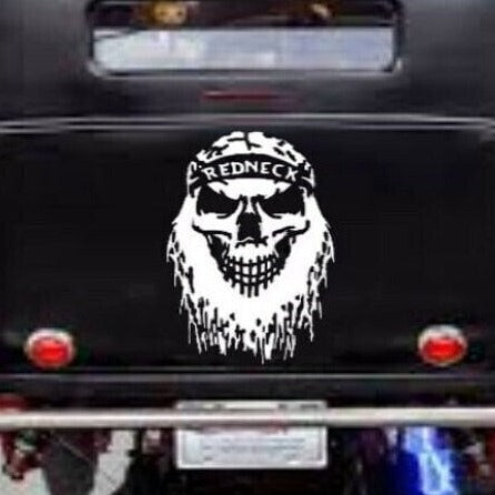 “Redneck Skull vinyl car window decal, white, 9‑inch width, die‑cut with no background on tinted rear glass”