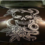 Black matte Skull + Snake + Flowers hood/wall decal, 37×29 in, high‑contrast silhouette on car