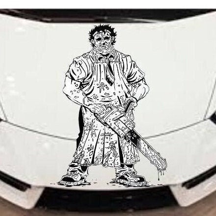 Black matte Leatherface‑inspired wall decal, 40×28.8, high‑contrast silhouette on smooth interior wall