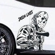 Black matte Jason‑inspired Halloween mask decal, 31.4×29, applied to rear window, high‑contrast silhouette