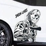Black matte Jason‑inspired Halloween mask decal, 31.4×29, applied to rear window, high‑contrast silhouette