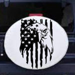 “American flag with eagle vinyl car decal, black, 20×29.5 on rear window”