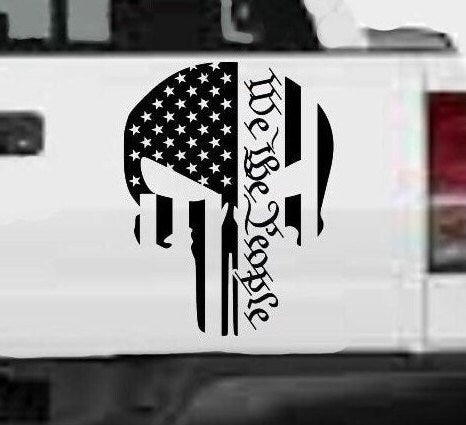 “Punisher‑inspired skull with American flag vinyl decal, black, 24h×20.6w, die‑cut with no background on rear window”